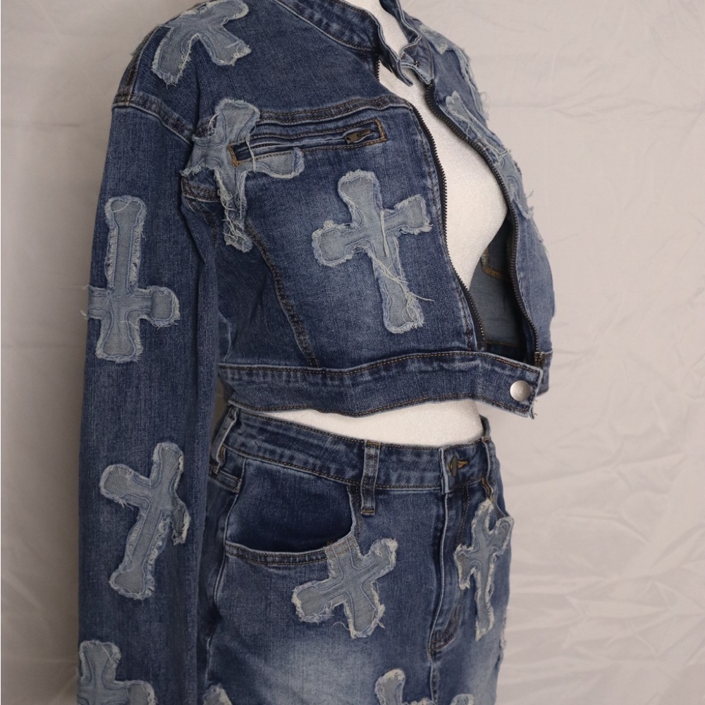 Fashion Nova Blue Denim Jacket and Jeans with Cross Details